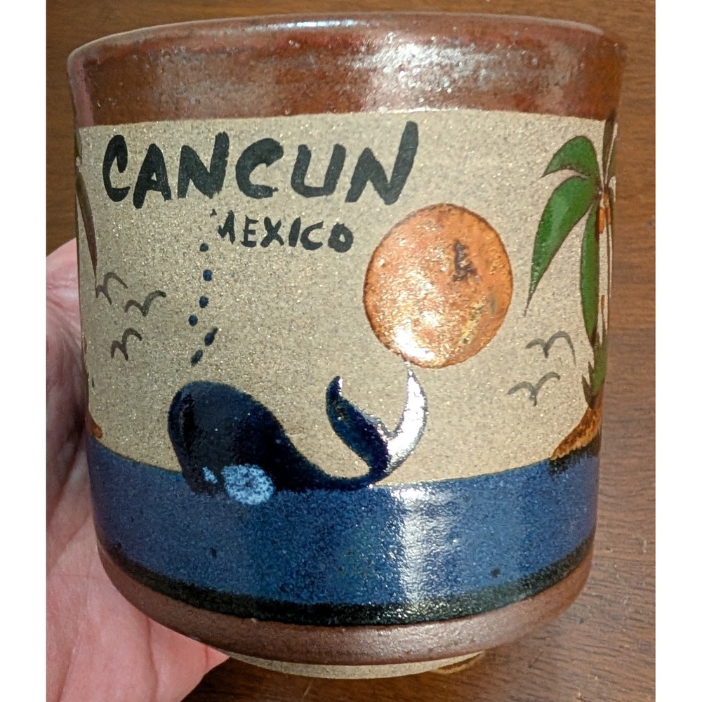 Handmade Stoneware Pottery Mug Cancun, Whale, Water, Palm Tree